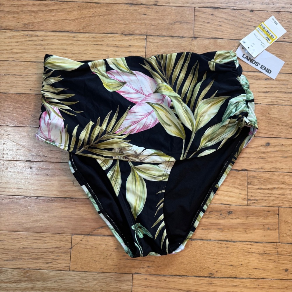 Lands End Womens Tropical Palm High Waist Bikini Bottoms Black XS NWT